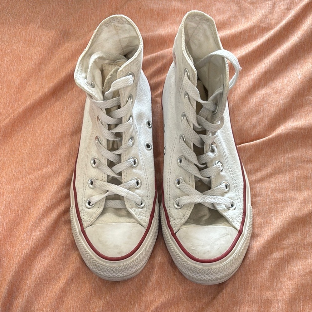 Converse White High-Tops with Red Trim
